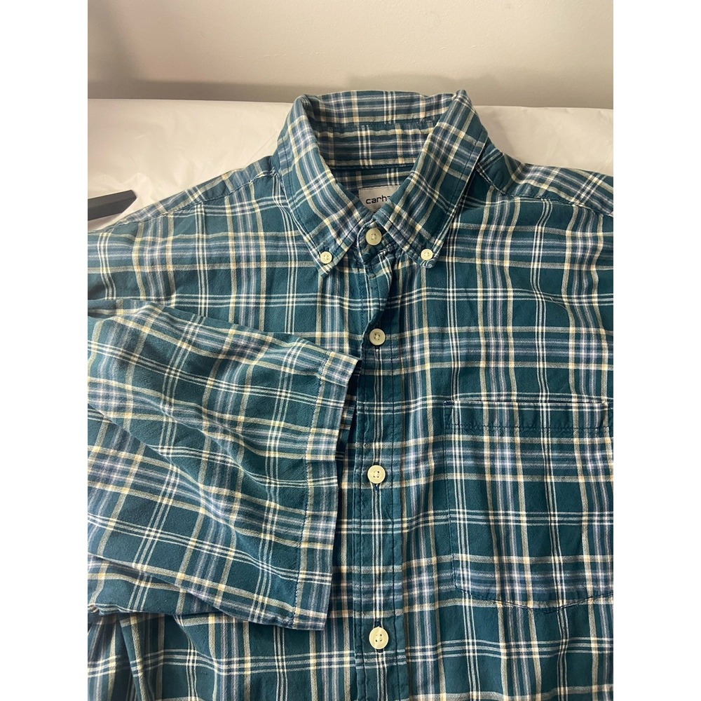 Carhartt‎ Blue Green Plaid Short- Sleeve Button-Down Shirt-Size L-100% Cotton